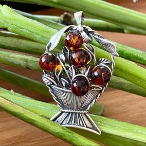 Vintage Sterling Silver Amber Miniature Fruit Basket Pin Brooch Pendant